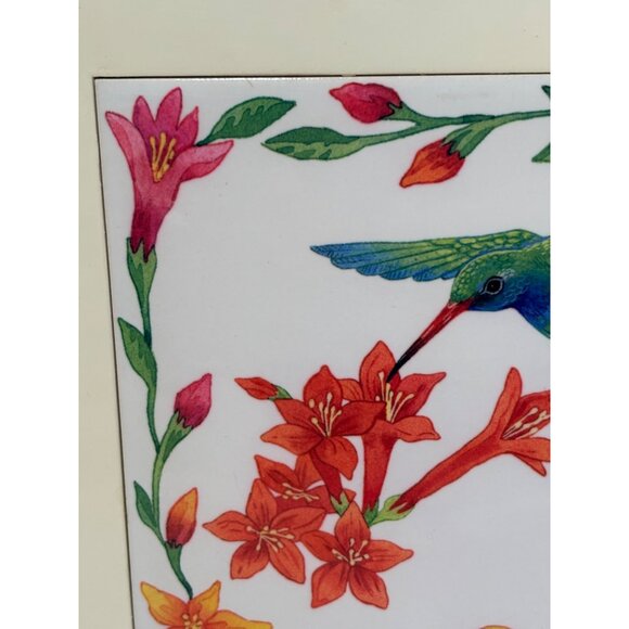 Hand-Painted Ceramic Tile Wall Hanging With Hummingbird & Floral Design In Woode - Picture 6 of 9